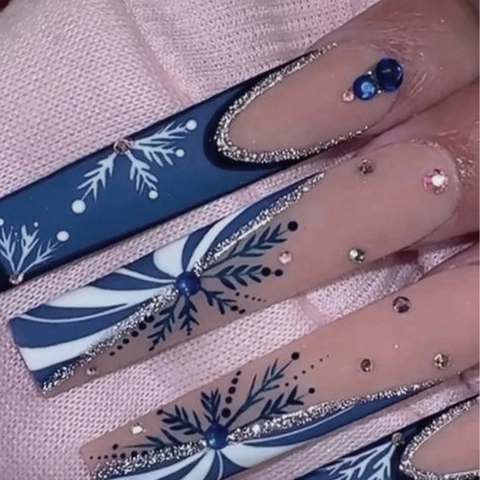 Long Coffin Press On Nails Blauw Sneeuwvlok Patroon Strass Decor Winter Kerst Stijl Kunstmatige Valse Nagels Vrouwen