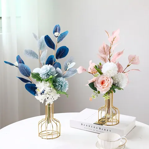 Artificial Satin Flowers And Gold Metal Iron Frame Glass Vase Combination Nordic Style Home Living Room Desktop Decor