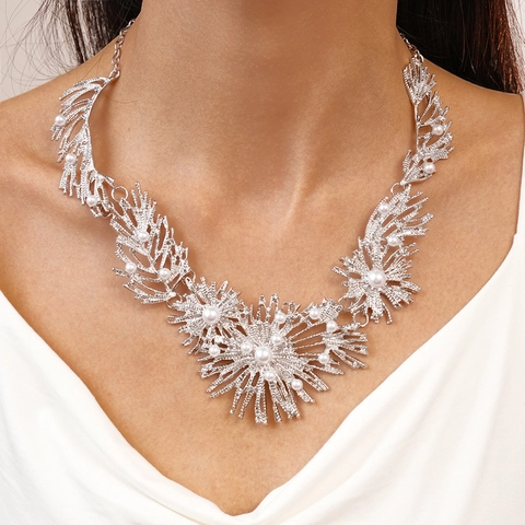Collana Statement Lega Perla Artificial Imitazione Ramo Floreale Geometrico Chic Punk Tonalità Argento Gioielli Per Donne