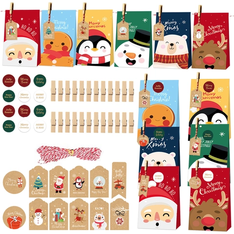 Weihnachts Kraftpapier Geschenktüten Mit Holzklammern Anhängern Seil Feiertagsverpackung DIY Dekor Cartoon Weihnachtsmann Muster