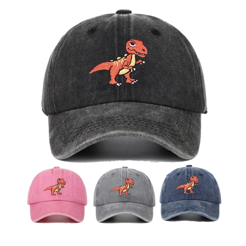Kids Baseball Cap Washed Cotton T-Rex Dinosaur Embroidered Adjustable Vintage Casual Sun Hat Boys Girls