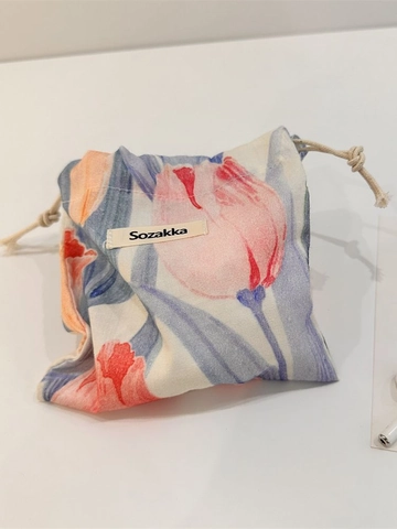 Floral Drawstring Pouch Cotton Fabric Storage Bag Portable Small Dustproof Organizer With Tulip Pattern For Women