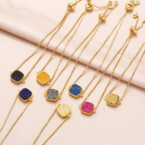 Adjustable Slider Bracelet For Women Copper 18K Gold Plated Square Druzy Stone Box Chain Fashion Jewelry Minimalist