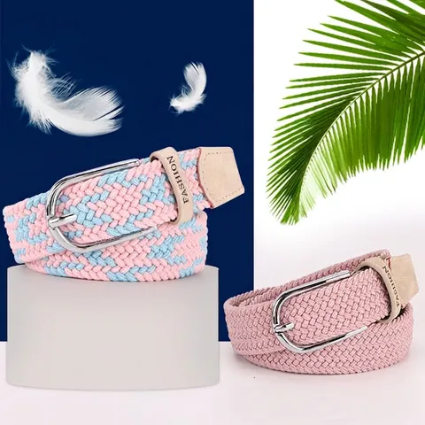 Women Braided Elastic Belt Canvas Woven Stretchy Waistband Hole Free Alloy Pin Buckle For Jeans Casual Sweet Candy Color