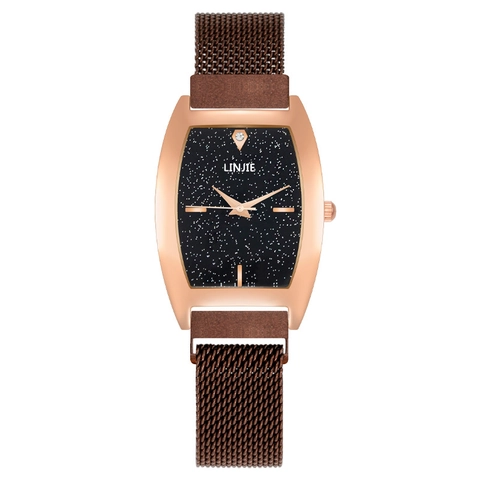 Women Quartz Watch Starry Sky Dial Tonneau Metal Case Milanese Mesh Strap Magnetic Buckle Fashion Elegant Lady Wristwatch