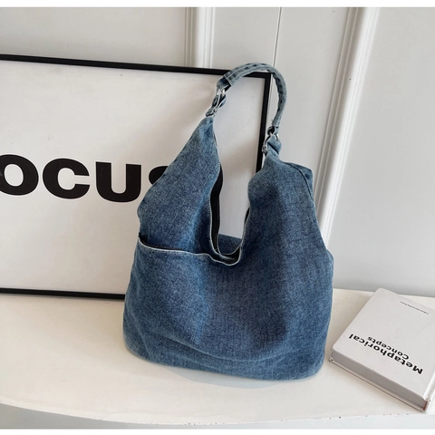 Borsa a Spalla in Denim Lavato Retrò per Donna Grande Capacità Urbano Minimalista Hobo Tote Bag Casual Quotidiano Borsa a Mano
