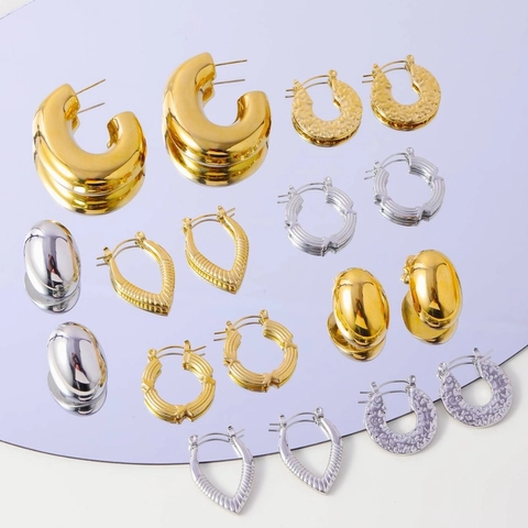 Pendientes Geométricos De Acero Inoxidable Para Mujer Aros Gruesos En Forma De C Texturizados Martillados Acanalados Estilo Francés