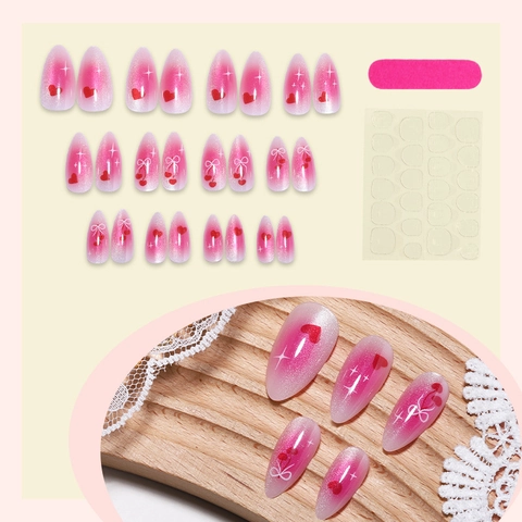 Faux Ongles Œil De Chat Rose Brillant Forme Amande Avec Cœurs Rouges Nœuds Blancs Motifs Cerise Pour Femmes Saint Valentin