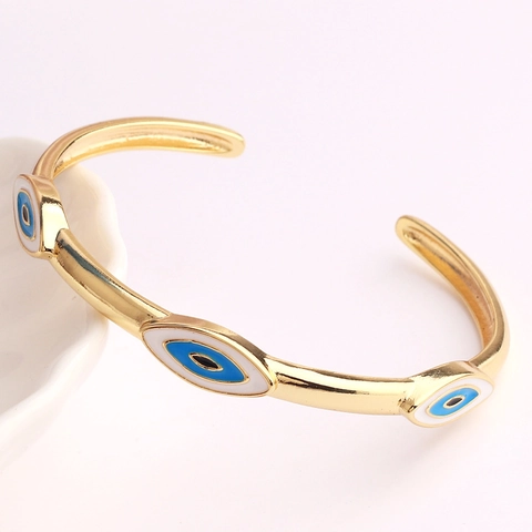 Bracelet Jonc Œil Maléfique Laiton Émail Réglable Forme C Ouverte Plaqué Or Bijoux De Mode Pour Femmes