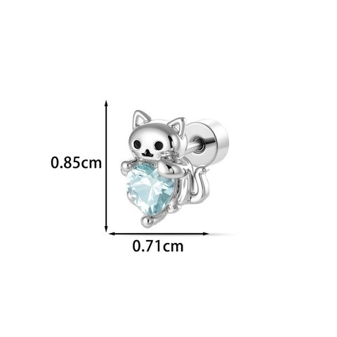 Cute Cat Heart Zircon Ear Cartilage Stud Earring With Titanium Steel Pin Screw Back For Women Girly Piercing Jewelry
