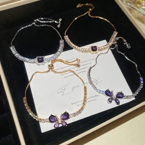 Elegant Butterfly Square Purple Zircon Bracelet Copper Adjustable Slider Tennis Chain Jewelry For Women