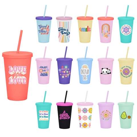 Matte Plastic Straw Cup With Lid And Reusable Straw Double Layer Candy Color Minimalist Drinkware Tumbler For Office Home