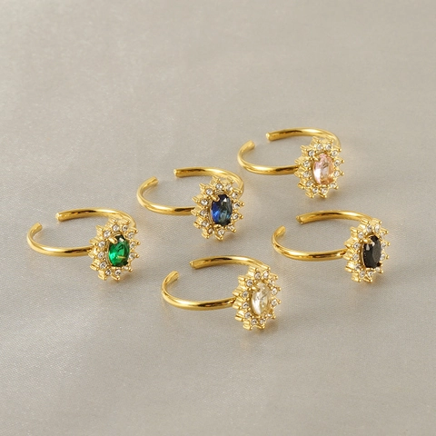 Stainless Steel Sunflower Ring 18K Gold Plated Zircon Adjustable Oval Stone Fashion Jewelry For Women Sweet Cool Style