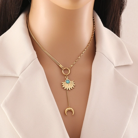 Evil Eye Sonne Mond Anhänger Halskette Edelstahl Vergoldet Zirkon Türkis Y Form Quaste Schmuck Für Damen
