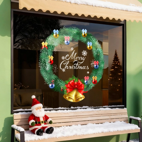 Christmas Wreath Window Sticker Static Cling PVC Double Sided Glass Decal Holiday Party Decor Merry Christmas Lettering