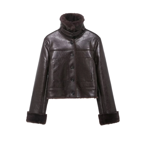 Damen Jacke Aus Kunstleder Und Kunstpelz Kurz Französische Mode Retro Einreihig Warm Winter Oberbekleidung
