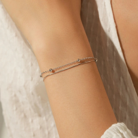 Bracciale a Doppio Strato in Argento Sterling 925 Minimalista per Donna Elegante Catena a Serpente Con Perle Gioielli Regalo Moda