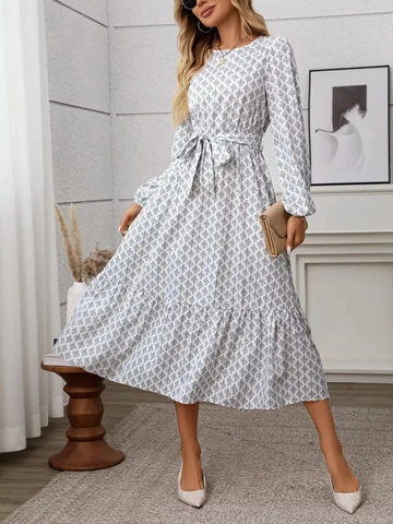 Elegante Maxi-Jurk Met Geometrische Print Polyester Lantaarnmouwen Riem Ruches Zoom Ronde Hals Boho Lange Jurk