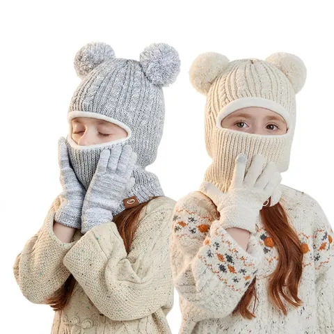 Kids Winter Balaclava Hood And Touchscreen Gloves Acrylic Knit Plush Lined Windproof Warm Neck Warmer Pom Poms