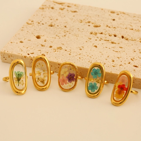 Vintage Stainless Steel Real Dried Flower Ring Adjustable Open Resin Floral Rings Gold Plated Botanical Jewelry For Women