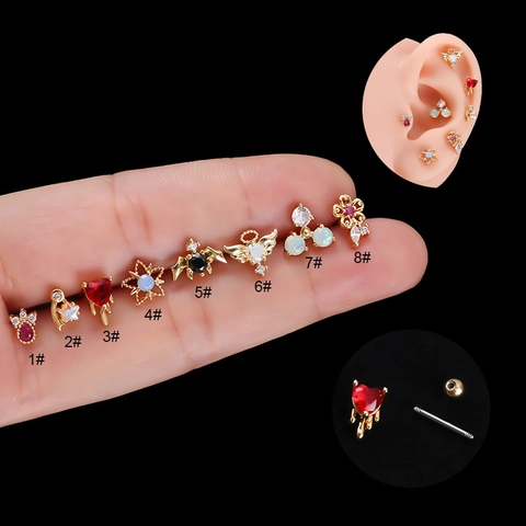 Helix Stud Earrings Stainless Steel Copper Zircon Screw Back Heart Star Moon Cartilage Piercing Jewelry For Women