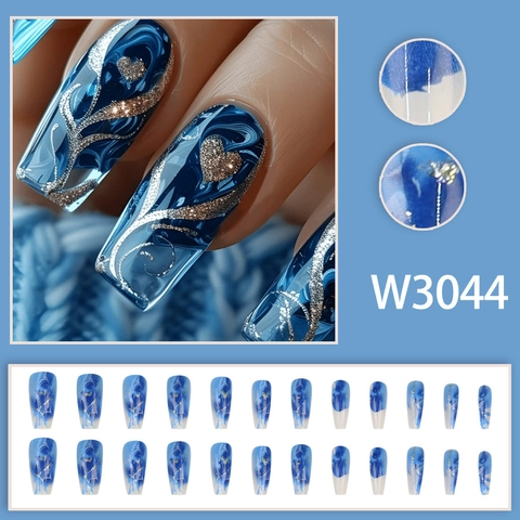 Faux Ongles Cœur Marbre Bleu Forme Cercueil Paillettes Résine Faux Ongles Pour Femmes Art Portable Long