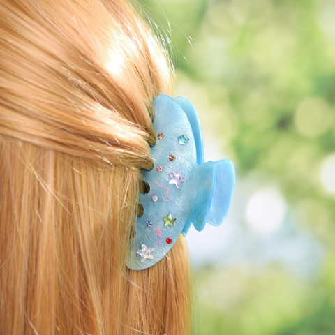 Vintage Ocean Blue Acetate Hair Claw Clip Painted Rhinestone Star Glitter Shark Clip Sweet Updo Hair Accessory For Women