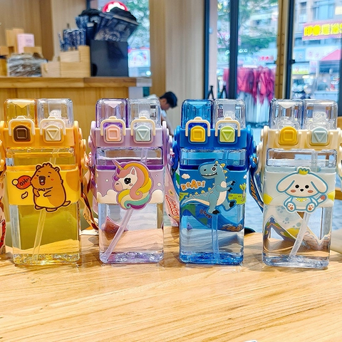 Square Water Bottle Plastic Dual Drink Straw Cup Cartoon Panda Pattern With Adjustable Strap For Kids Students