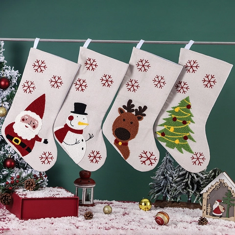 Calze Di Natale Lino Ricamato Babbo Natale Pupazzo Di Neve Renna Albero Sacchetti Regalo Appesi Decorazioni Per Camino