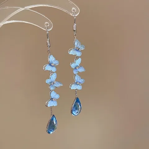 Blue Butterfly Long Tassel Earrings Rhinestone Teardrop Pendant Alloy Resin Jewelry With 925 Sterling Silver Earring Post