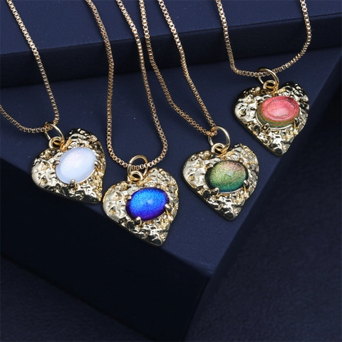Herz Anhänger Halskette Kupfer Hammerschlag Textur Ovaler Zirkon Vergoldet Box Kette Schmuck Für Frauen