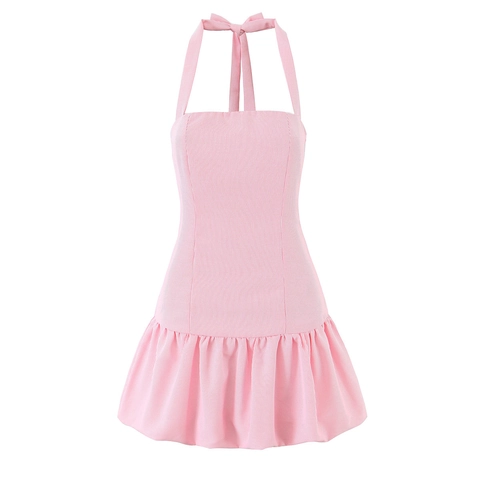 Damen Halter Rückenfrei Gestreiftes Minikleid Rüschensaum Süß Ärmellos A-Linie Sommer Strand Party Urlaub Polyester Kleid