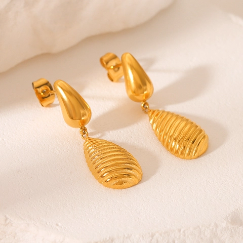 18K Gold Plated Stainless Steel Water Drop Earrings For Women Elegant Threaded Texture Minimalist Pendant Jewelry