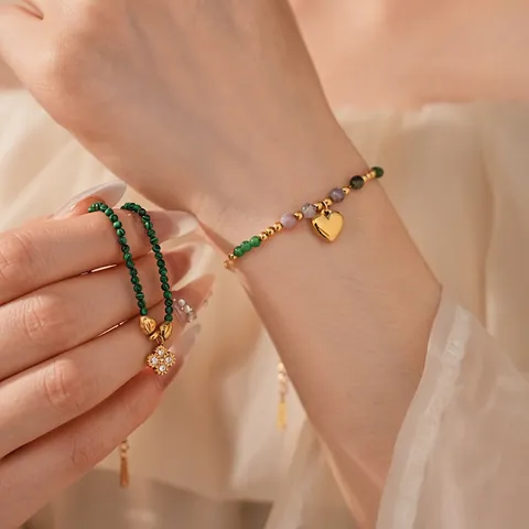Malachit Perlenarmband Edelstahl Kleeblatt Blume Herz Anhänger Mode Luxus Handschmuck Für Damen