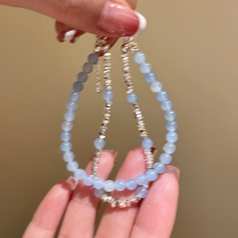 Layered Beaded Bracelet For Women With Aquamarine Hematite And Silver Metal Beads Minimalist Fresh Aesthetic Jewelry