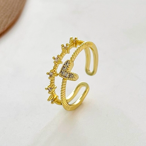 Double Layer Heart Ring Copper With Cubic Zirconia Open Adjustable Fashion Minimalist Finger Jewelry For Women