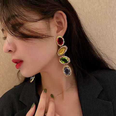 Vintage Long Drop Earrings Colorful Rhinestone Oval Geometric Statement Jewelry Women With Silver Earring Post