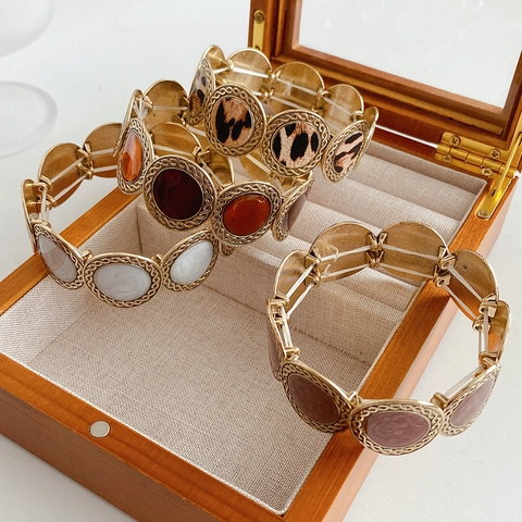 Bracciale A Maglie Tonde Retro Con Stampa Leopardata E Intarsio In Resina Lega Gioielli Elastici Per Donna