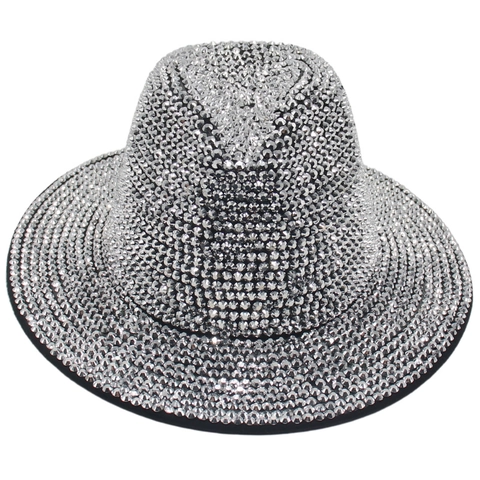 Sparkly Rhinestone Fedora Hat Luxury Crystal Jazz Cap For Party Stage Performance Trendy Wide Brim Shimmering Headwear