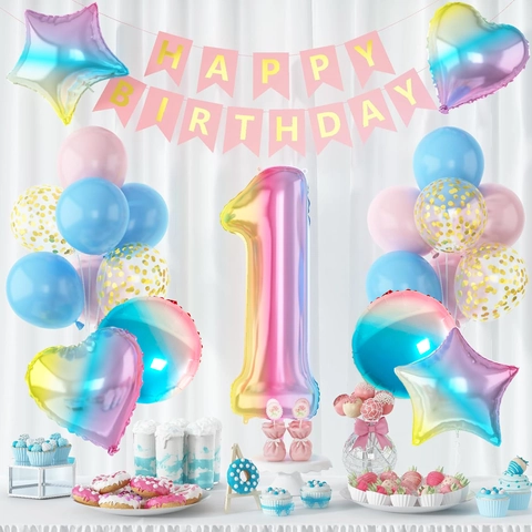 Große Gradient Nummer Folienballon Herz Stern Latexballons Happy Birthday Banner Party Dekoration Regenbogen Makronen