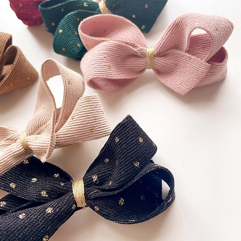 Pinzas Para El Pelo Con Lazo Para Niños Pana Retro Patrón De Puntos Dorados Horquillas Para Niñas Estilo Coreano
