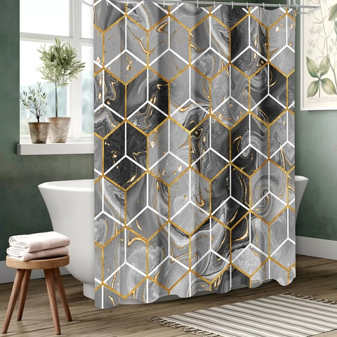 Marble Geometric Bathroom Shower Curtain Mat U-Shaped Rug And Toilet Lid Cover Waterproof Polyester Fabric Modern Decor