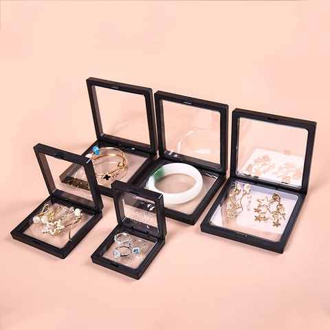 3D Floating Suspension Jewelry Display Box Plastic Case With PE Film For Rings Earrings Coins Specimens Dustproof Organizer