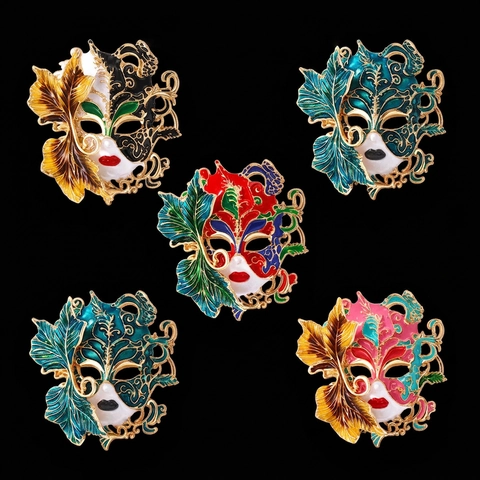 Venetian Mask Brooch Zinc Alloy Enamel Vintage Relief 3D Hollow Leaf Design Artistic Carnival Pin Jewelry For Women