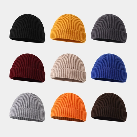 Unisex Acrylic Knitted Beanie Hat Warm Winter Solid Color Ribbed Cuffed Skullcap Retro Casual Outdoor Windproof