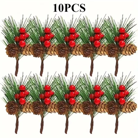 Picos De Pino De Navidad Artificiales Con Bayas Rojas Y Piñas Naturales Para Adornos De Árbol De Fiesta Bricolaje