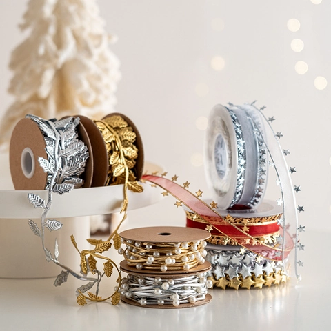 Christmas Ribbon Decorative Cord With Stars Artificial Pearls Deer For Tree Ornaments Gift Wrapping Party Layout Festive Elegant