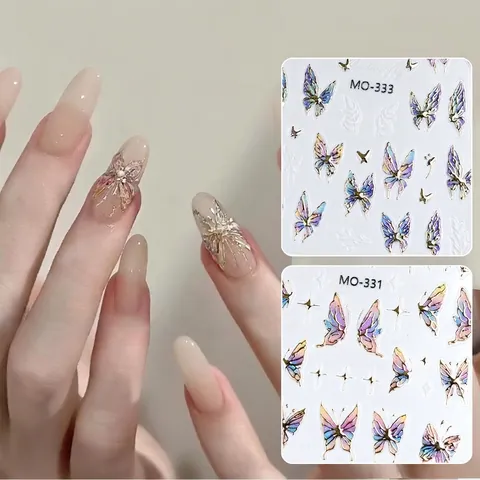Adesivi Per Unghie 3D Rilievo Farfalla Acquerello Bordo Dorato Autoadesivi Decalcomanie Manicure Decorazione Elegante