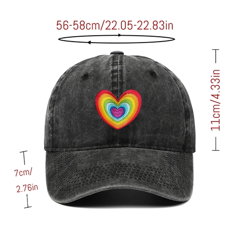 Casquette De Baseball En Coton Lavé Vintage Broderie Cœur Arc-En-Ciel Réglable Extérieur Été Chapeau Unisexe