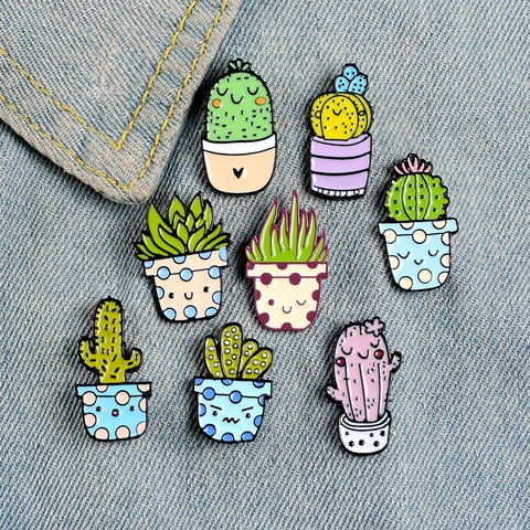 Cute Cactus Brooch Enamel Pin Succulent Potted Plant Badge Alloy Decorative Jewelry For Women Students